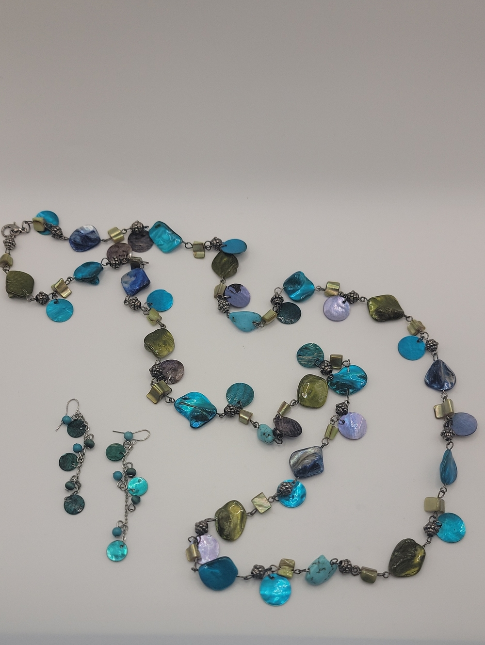 Shell and Bead Long Necklace with Matching Earrings - Blue & Green 44" Length